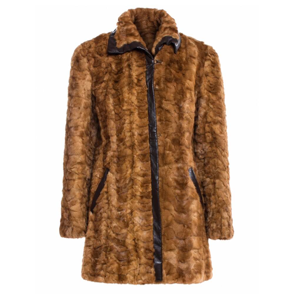 Pelzhaus Cychowski Vintage Brown Scalloped Mink Fur Leather Trimmed Coat Size M